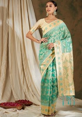 Sea Green Embroidered Cotton Blend Saree Set