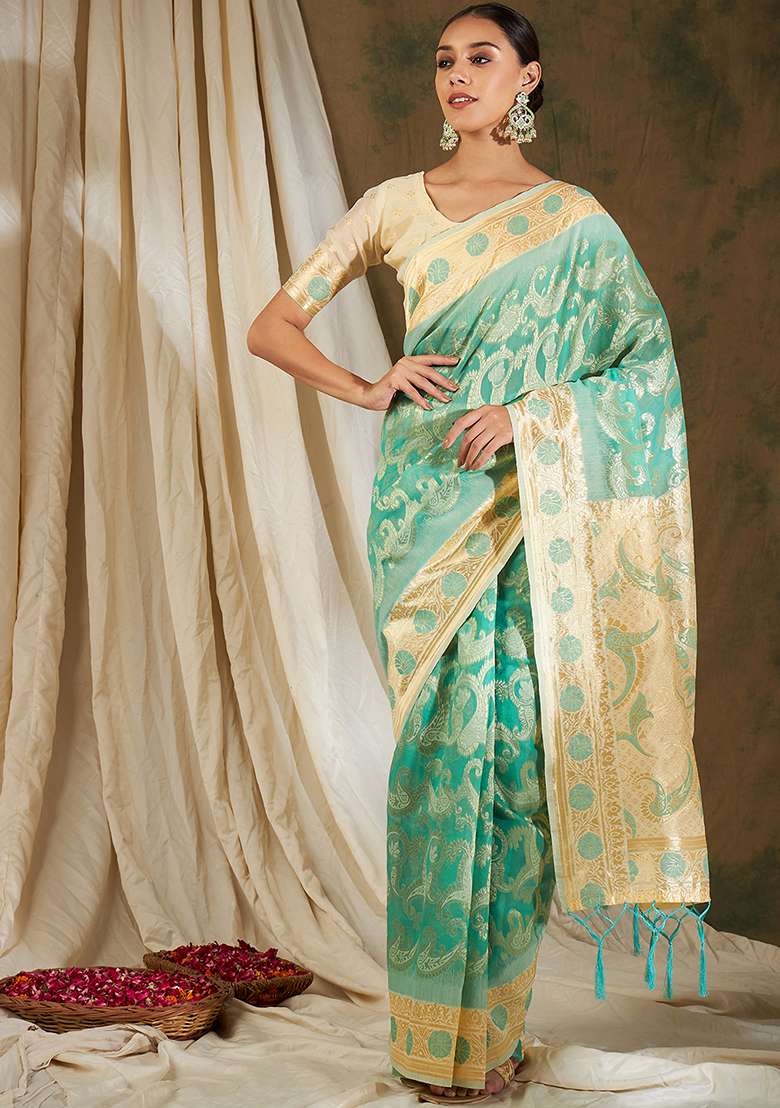 Sea Green Blend Cotton Saree Set with Embroidered for Diwali | Wedding & Festive Wear - Indya