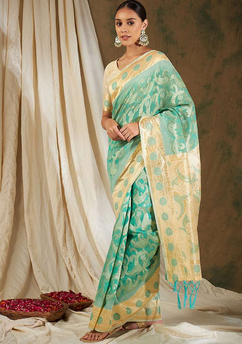 Sea Green Blend Cotton Saree Set with Embroidered for Diwali | Wedding & Festive Wear - Indya