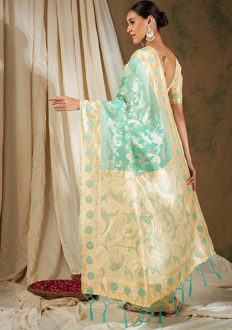 Sea Green Blend Cotton Saree Set with Embroidered for Diwali | Wedding & Festive Wear - Indya