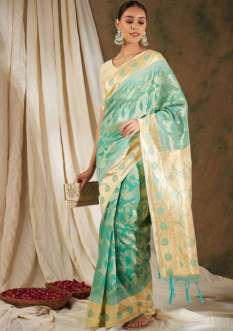 Sea Green Blend Cotton Saree Set with Embroidered for Diwali | Wedding & Festive Wear - Indya