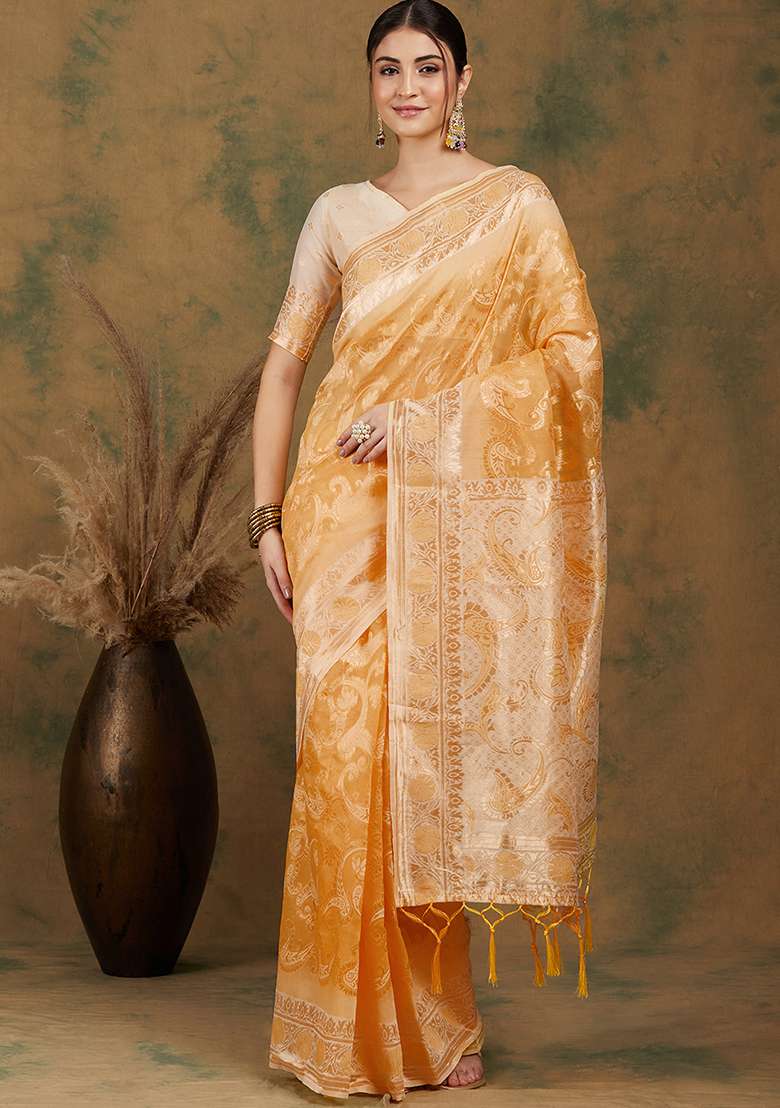 Lemon Embroidered Cotton Blend Saree Set for Diwali and Festive Wear - Indya