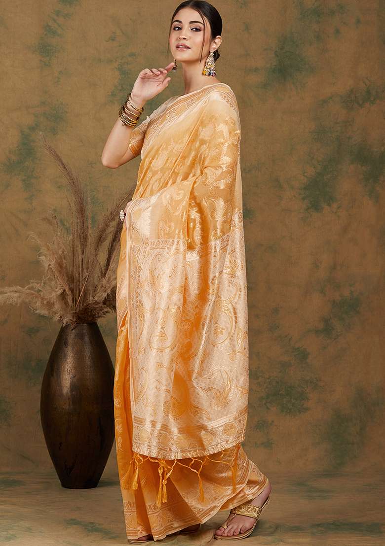 Lemon Embroidered Cotton Blend Saree Set for Diwali and Festive Wear - Indya