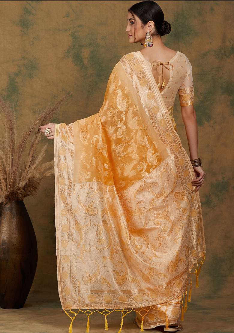 Lemon Embroidered Cotton Blend Saree Set for Diwali and Festive Wear - Indya