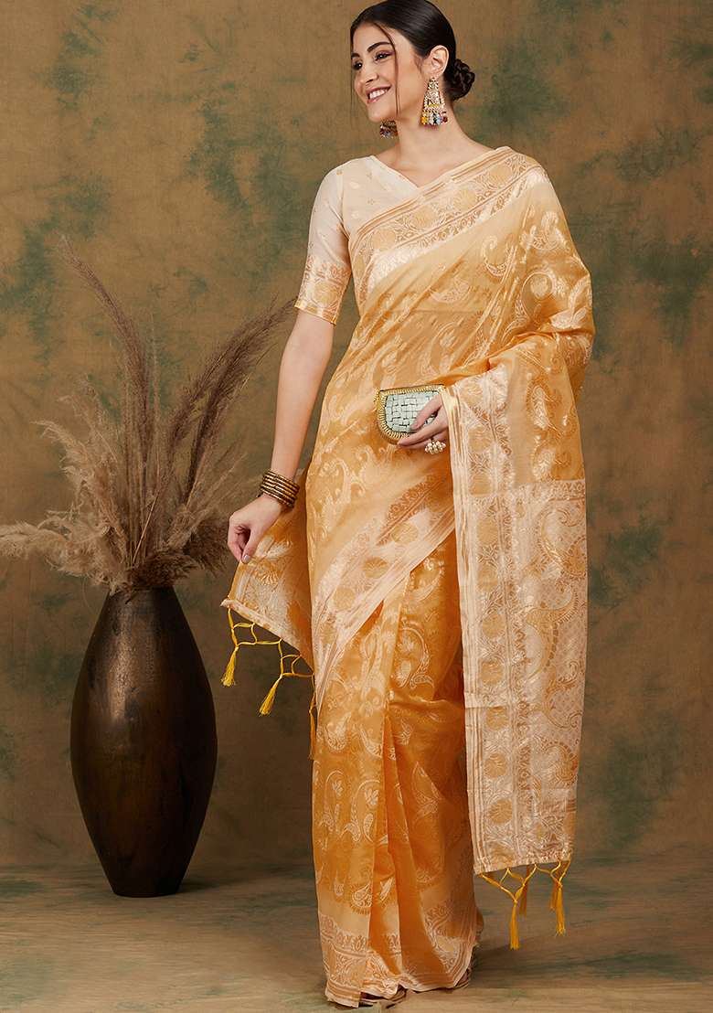 Lemon Embroidered Cotton Blend Saree Set for Diwali and Festive Wear - Indya