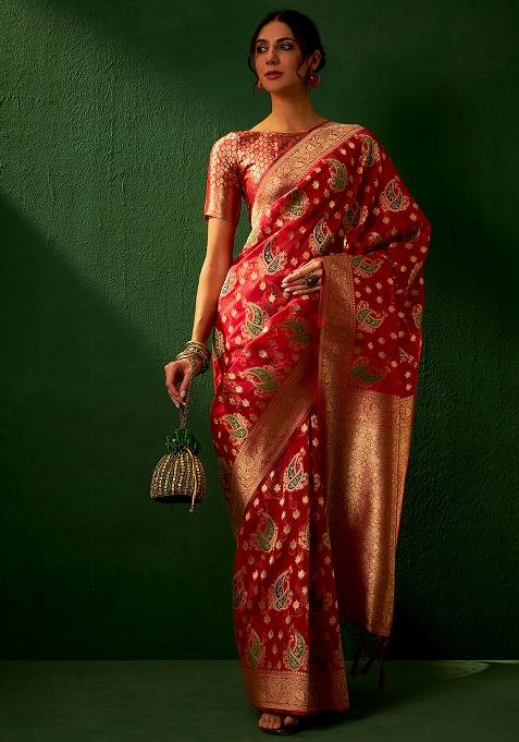 Red Embroidered Silk Saree Set