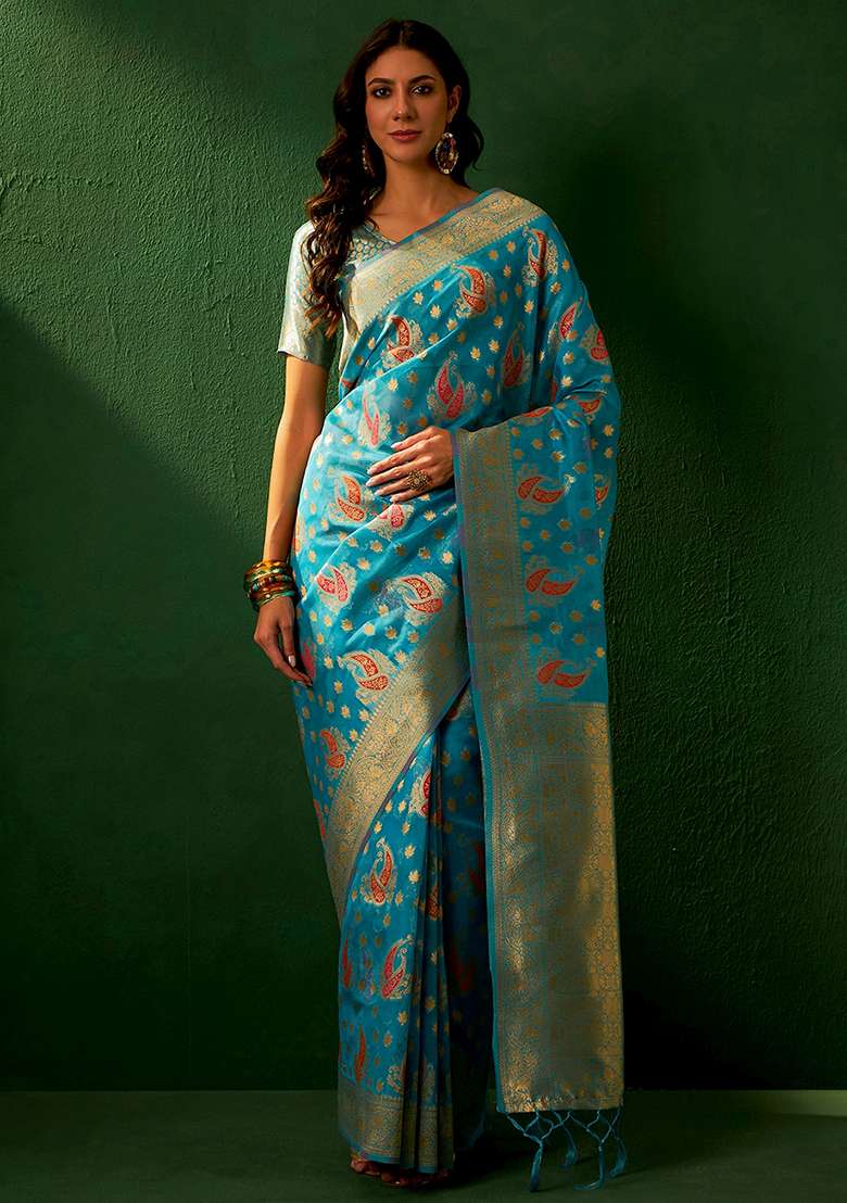 Sky Blue Embroidered Silk Blend Saree Set for Diwali and Festive Wear - Indya