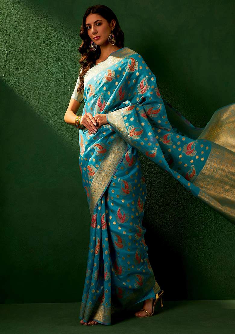 Sky Blue Embroidered Silk Blend Saree Set for Diwali and Festive Wear - Indya