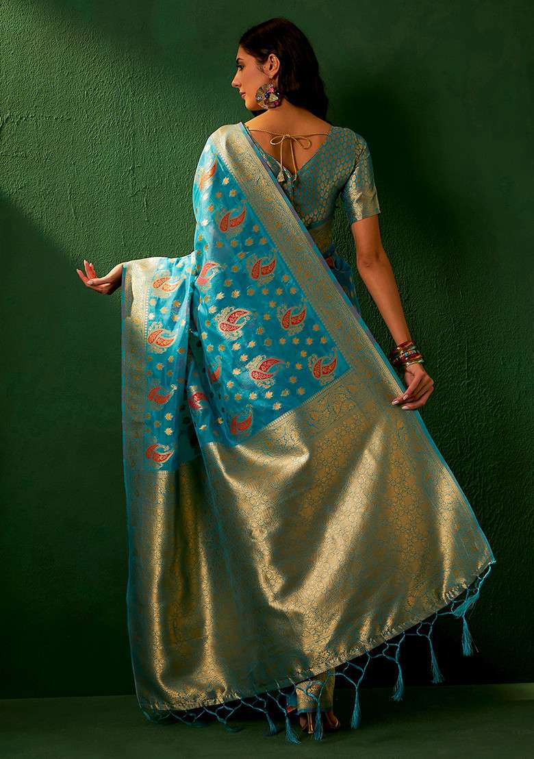 Sky Blue Embroidered Silk Blend Saree Set for Diwali and Festive Wear - Indya