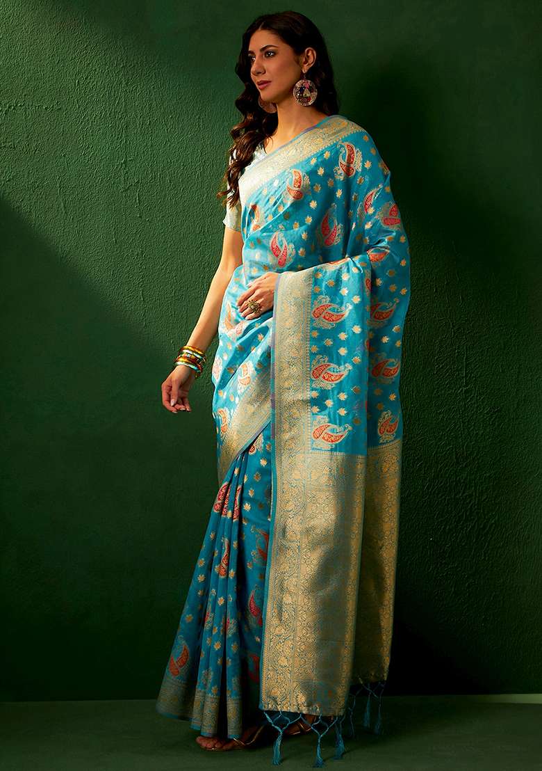 Sky Blue Embroidered Silk Blend Saree Set for Diwali and Festive Wear - Indya