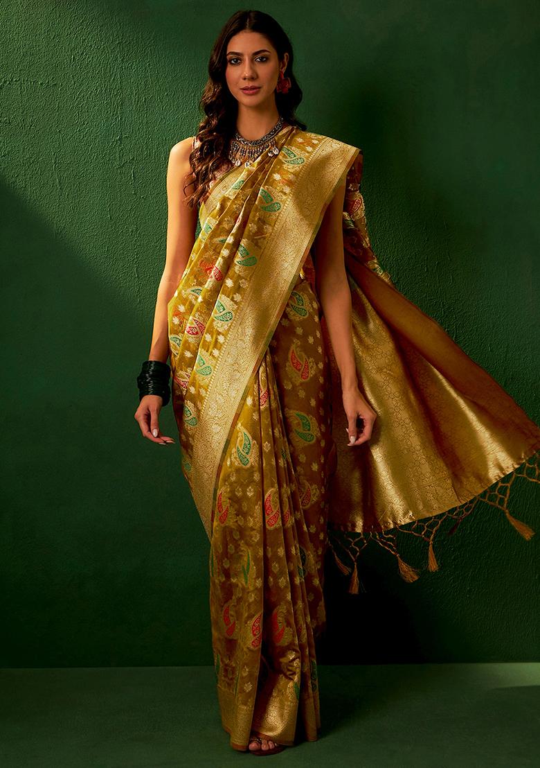 Caramel Embroidered Silk Saree Set