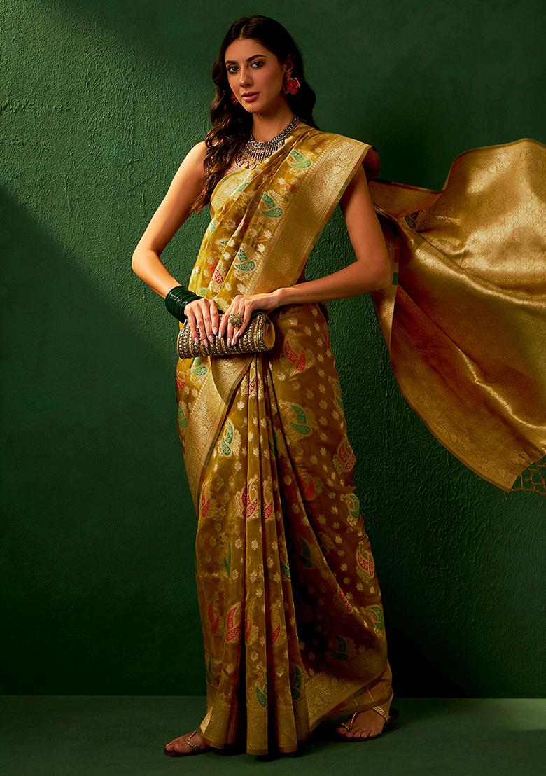 Caramel Embroidered Silk Saree Set