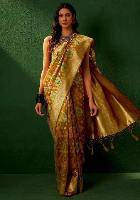 Caramel Embroidered Silk Saree Set