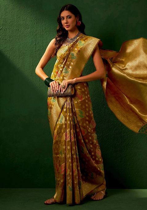 Caramel Embroidered Silk Saree Set