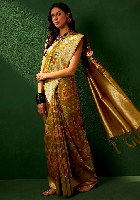 Caramel Embroidered Silk Saree Set
