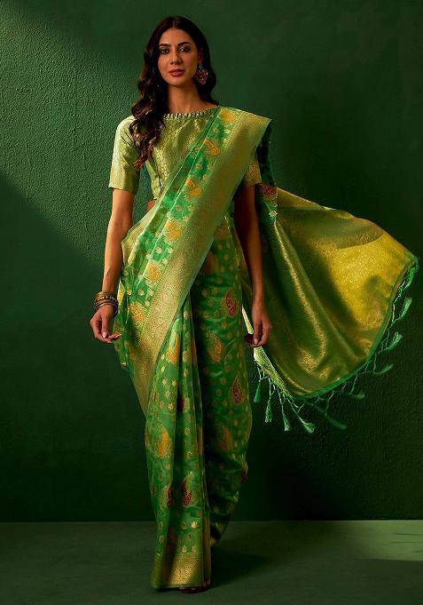 Green Embroidered Silk Saree Set