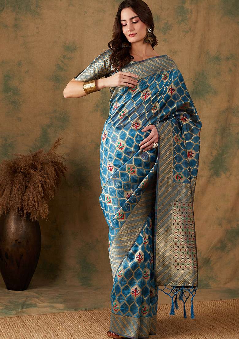 Sky Blue Embroidered Silk Blend Saree Set - Indya