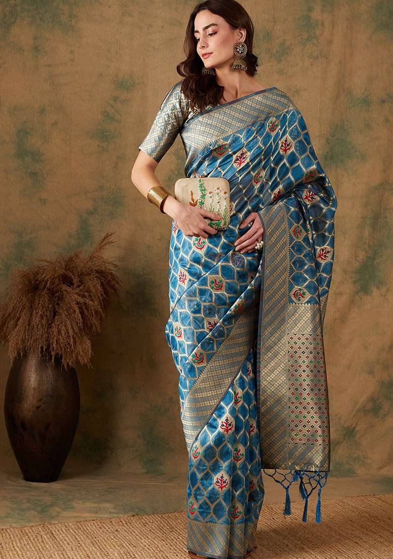 Sky Blue Embroidered Silk Blend Saree Set - Indya
