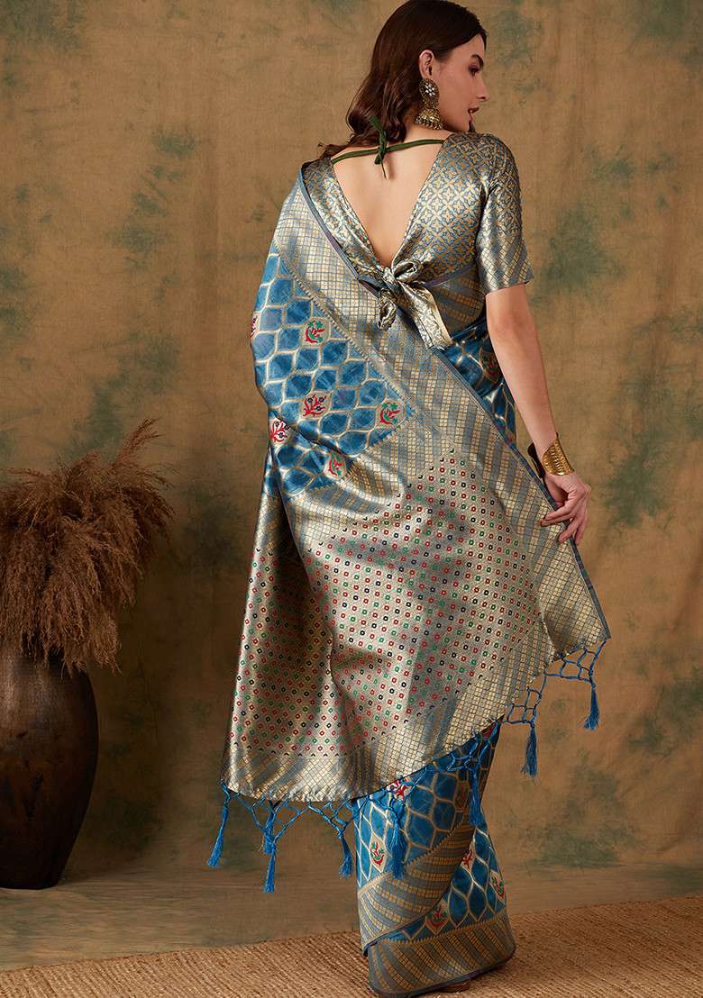 Sky Blue Embroidered Silk Blend Saree Set - Indya