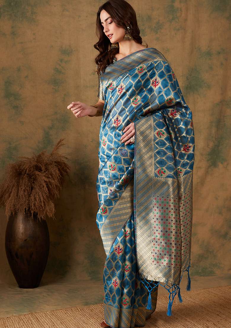 Sky Blue Embroidered Silk Blend Saree Set - Indya