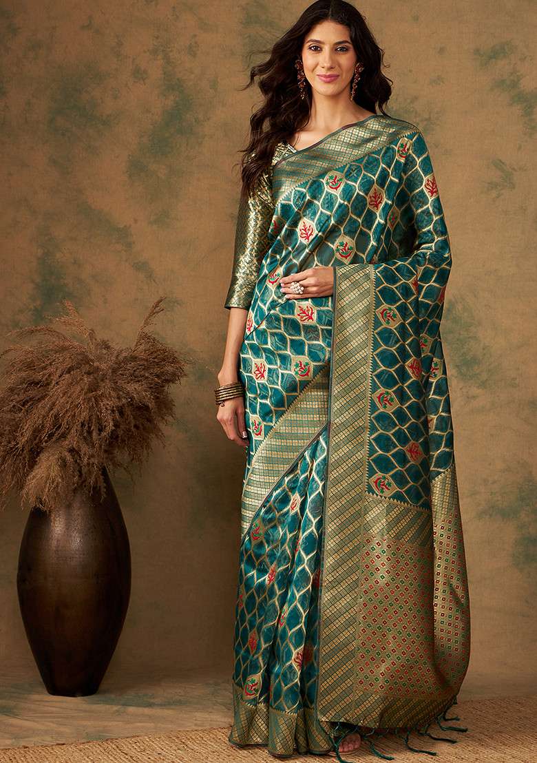 Olive Silk Blend Saree Set with Embroidered for Diwali | Wedding & Festive Wear - Indya