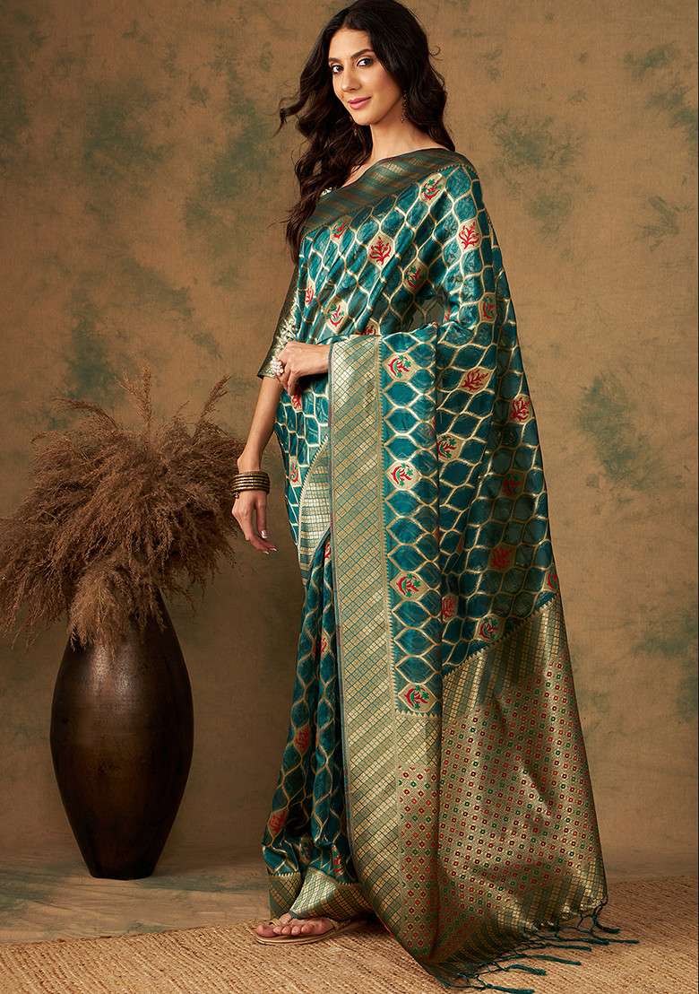 Olive Silk Blend Saree Set with Embroidered for Diwali | Wedding & Festive Wear - Indya
