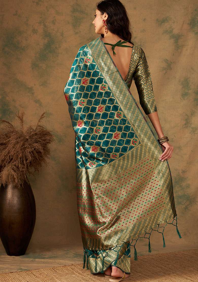 Olive Silk Blend Saree Set with Embroidered for Diwali | Wedding & Festive Wear - Indya