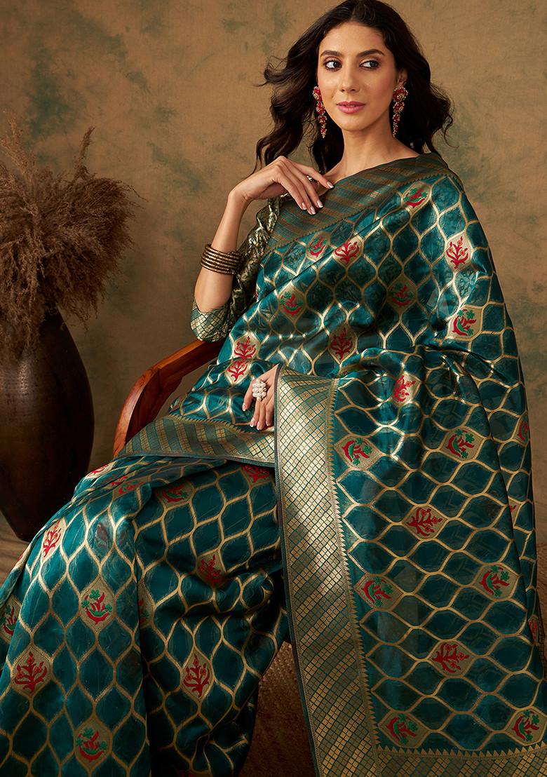 Olive Embroidered Silk Saree Set - Indya