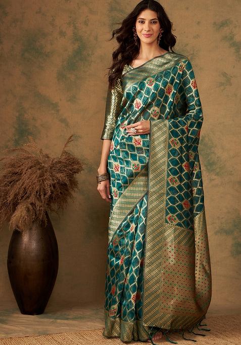 Olive Embroidered Silk Saree Set