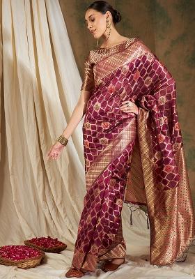 Burgundy Embroidered Silk Saree Set