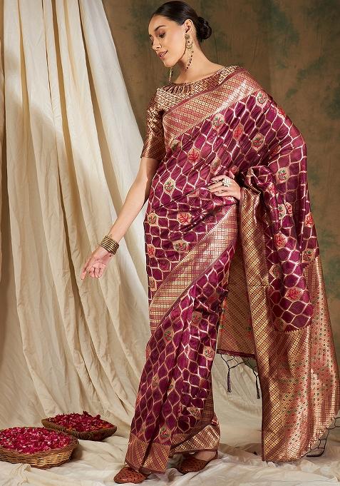Burgundy Embroidered Silk Saree Set