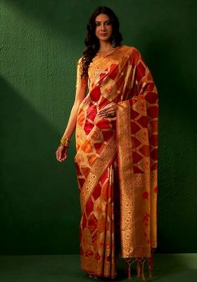 Multicolor Embroidered Oragnza Saree Set