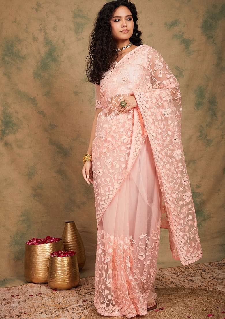 Peach Embroidered Net Saree Set - Indya