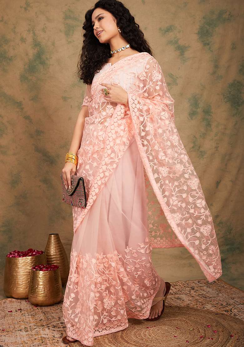 Peach Embroidered Net Saree Set - Indya