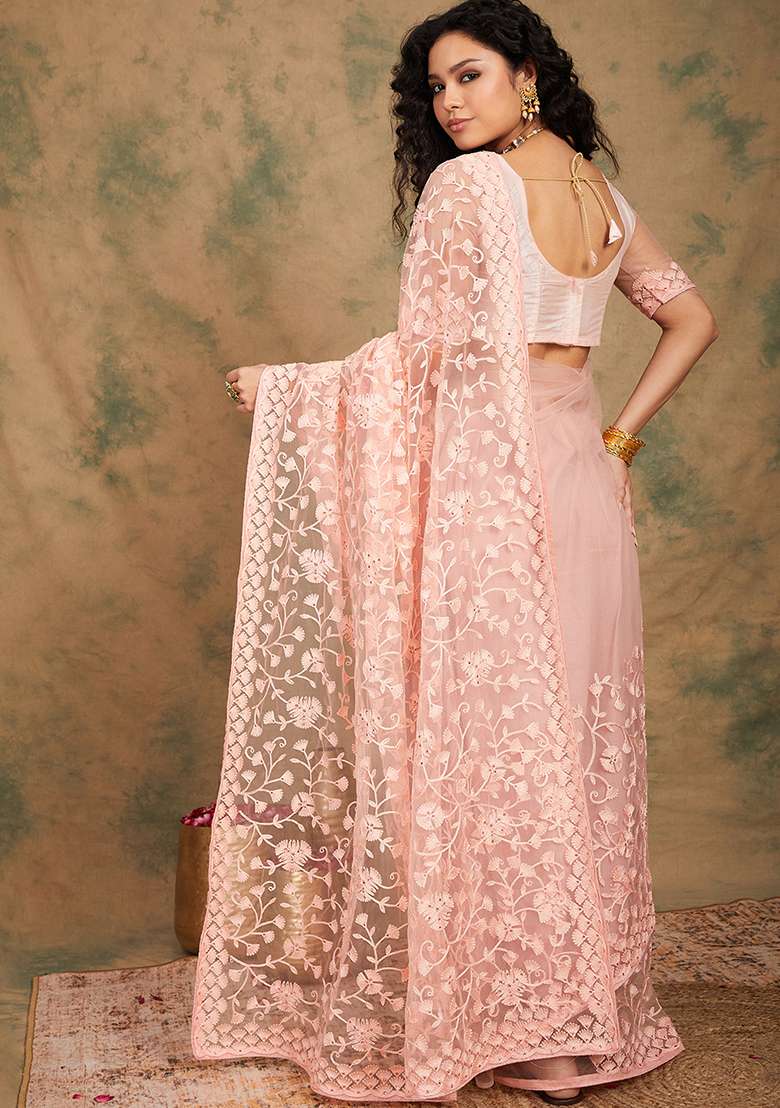 Peach Embroidered Net Saree Set - Indya