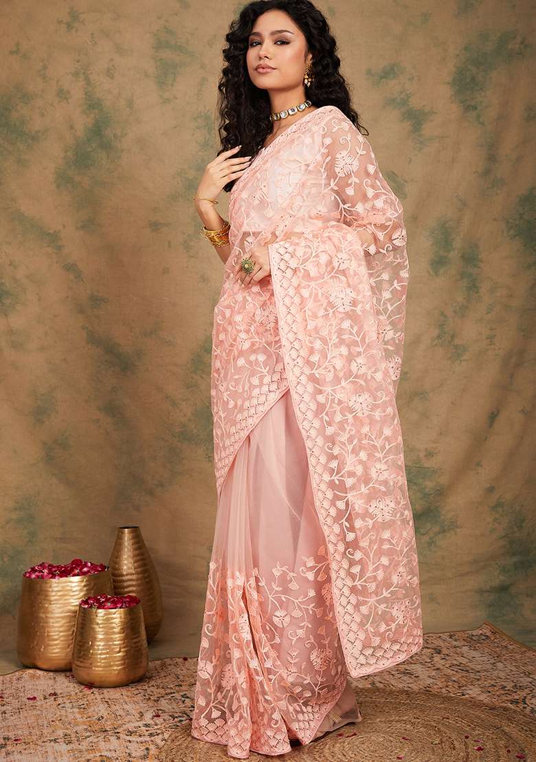 Peach Embroidered Net Saree Set - Indya