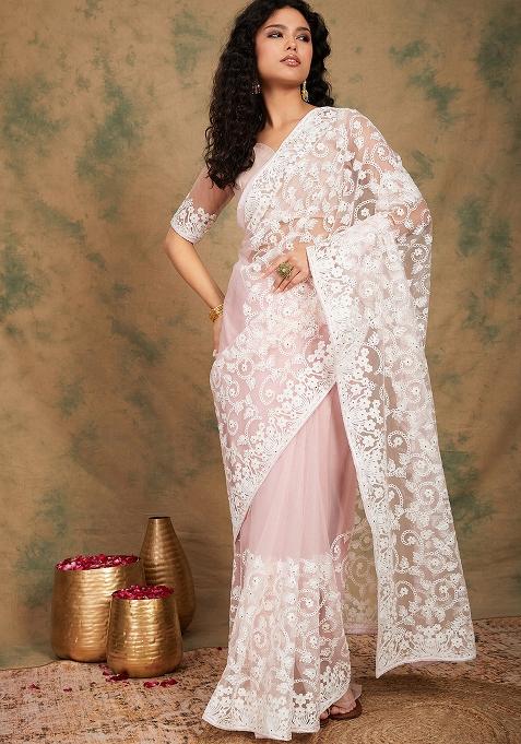 Baby Pink Embroidered Net Saree Set
