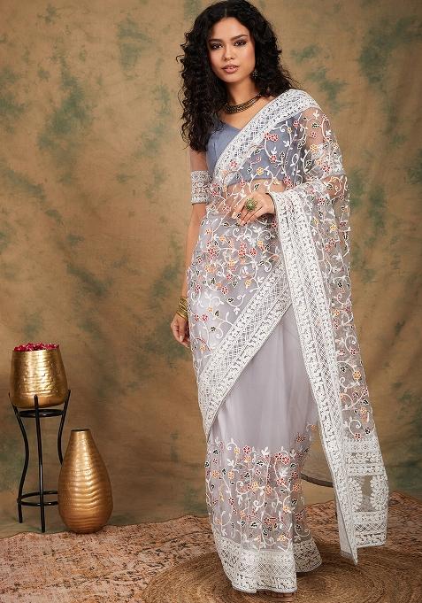 Grey Embroidered Net Saree Set