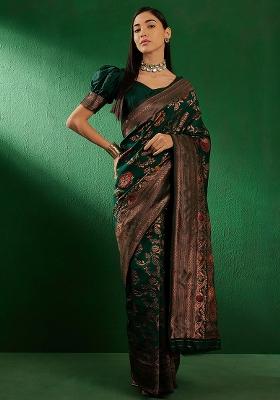 Bottle Green Embroidered Silk Saree Set
