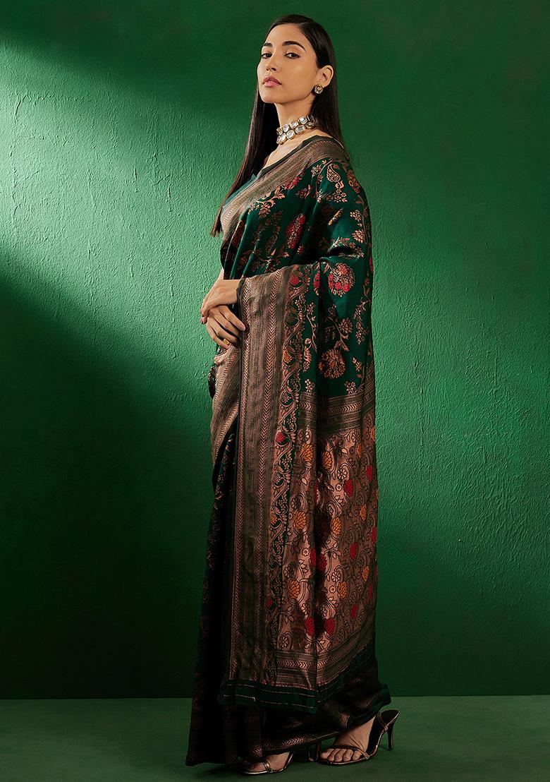 Bottle Green Embroidered Silk Saree Set - Indya