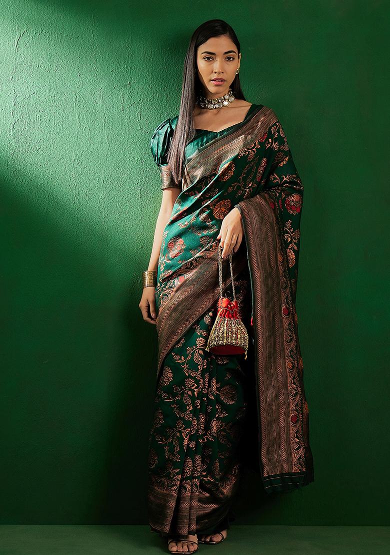 Bottle Green Embroidered Silk Saree Set - Indya