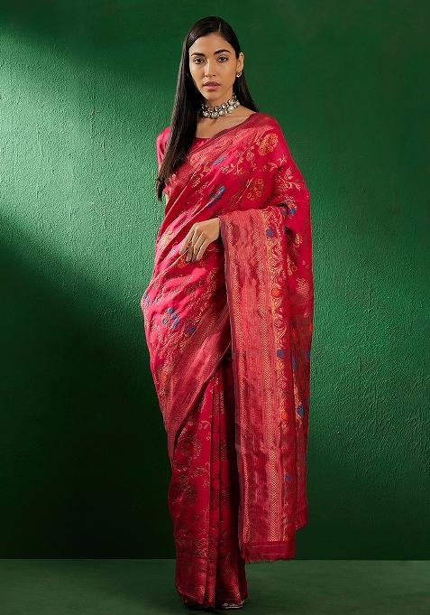 Pink Embroidered Silk Saree Set