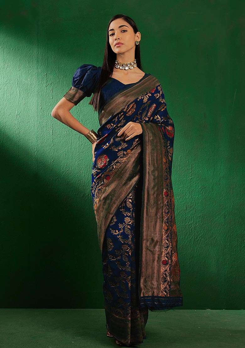 Navy Blue Embroidered Silk Blend Saree Set for Diwali and Festive Wear - Indya