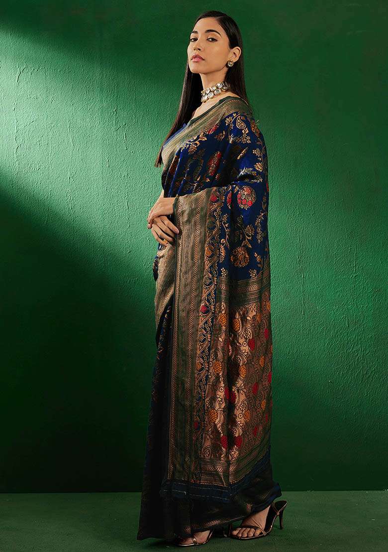 Navy Blue Embroidered Silk Blend Saree Set for Diwali and Festive Wear - Indya