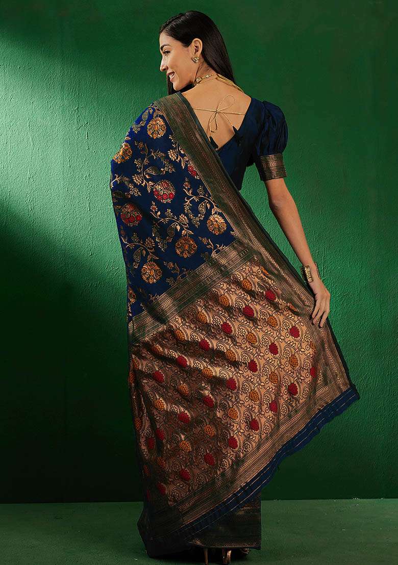 Navy Blue Embroidered Silk Blend Saree Set for Diwali and Festive Wear - Indya