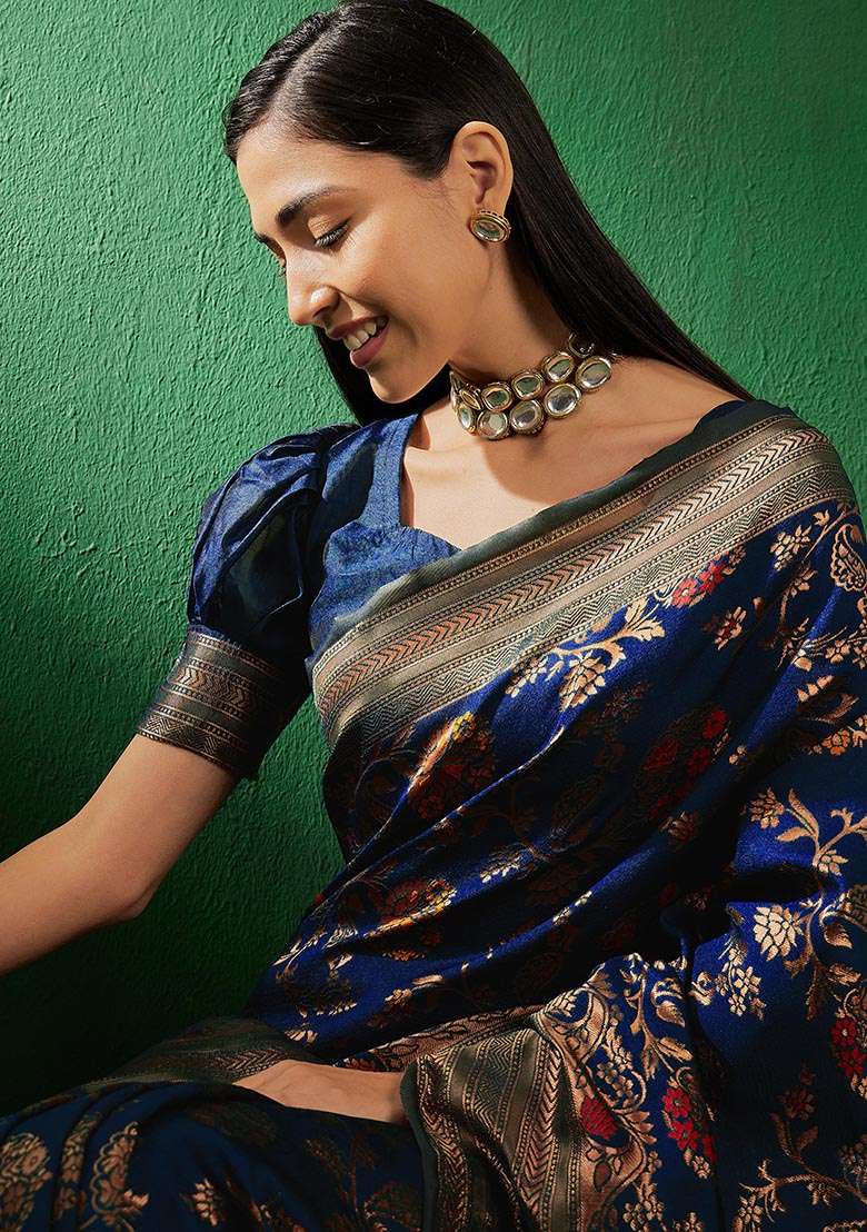 Navy Blue Embroidered Silk Blend Saree Set for Diwali and Festive Wear - Indya