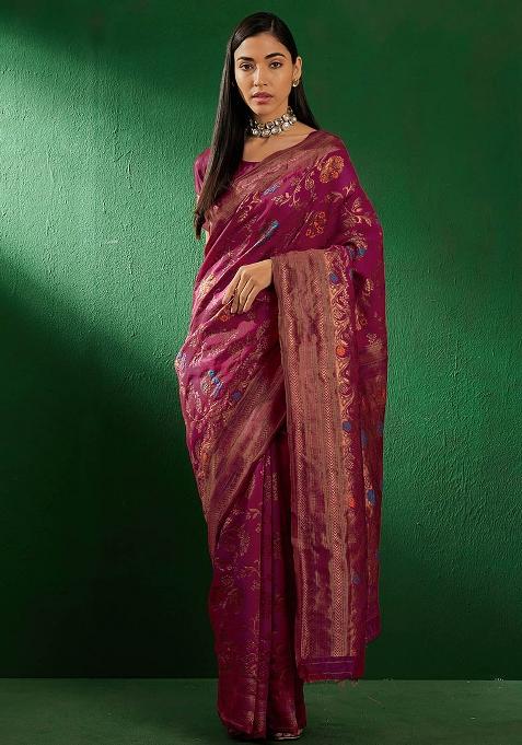 Burgundy Embroidered Silk Saree Set