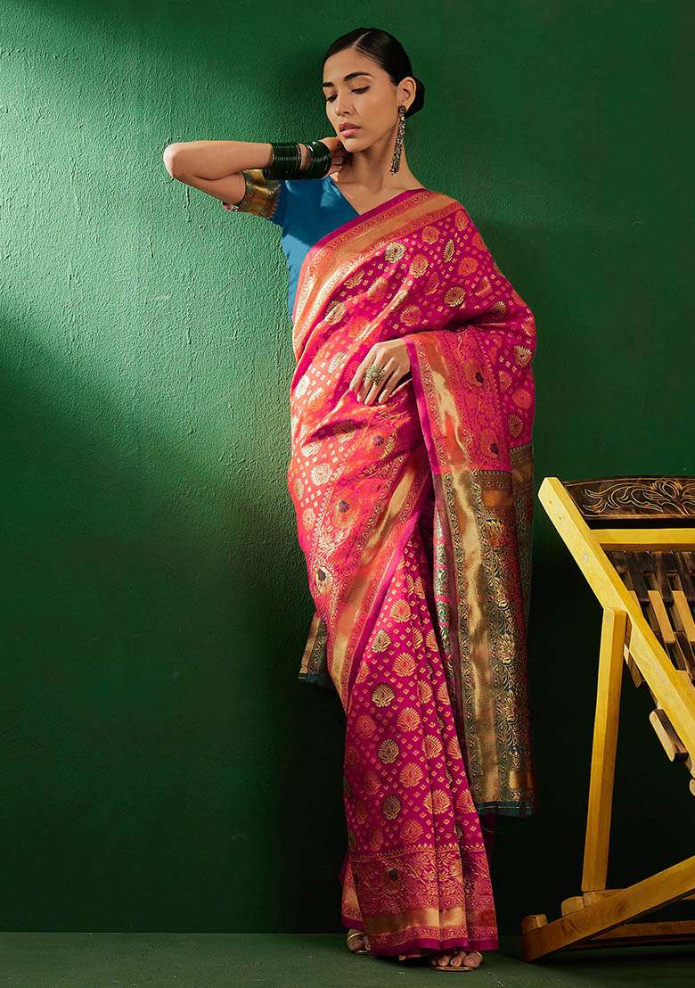 Gajari Silk Blend Saree Set with Embroidered for Diwali | Wedding & Festive Wear - Indya