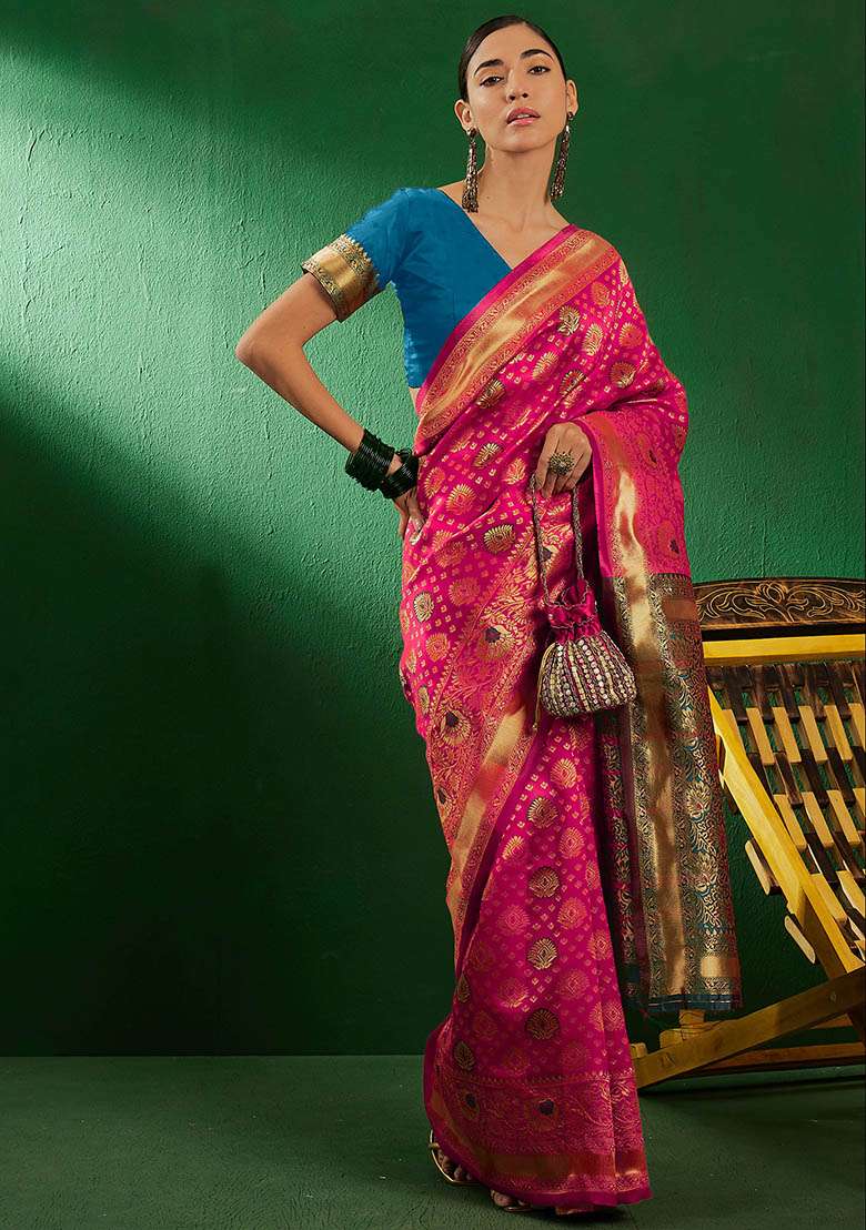 Gajari Silk Blend Saree Set with Embroidered for Diwali | Wedding & Festive Wear - Indya
