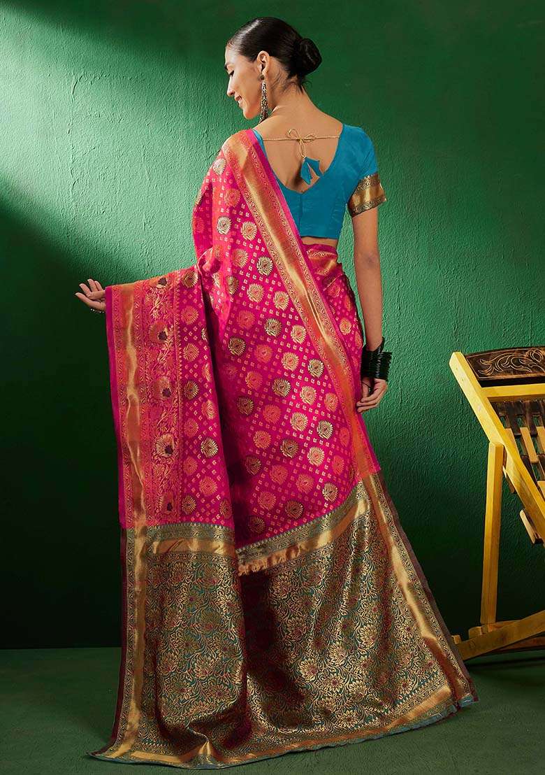 Gajari Silk Blend Saree Set with Embroidered for Diwali | Wedding & Festive Wear - Indya